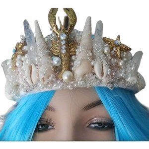 Handmade Seashells Crystals and Gold Marinelife Mermaid Wedding Crown Tiara